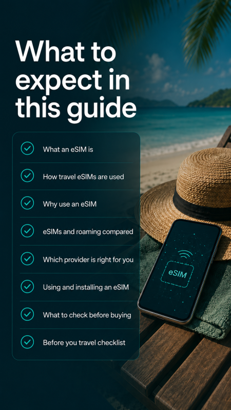 An image representing a mobile phone in a holiday beach destination using a Travel eSIM
