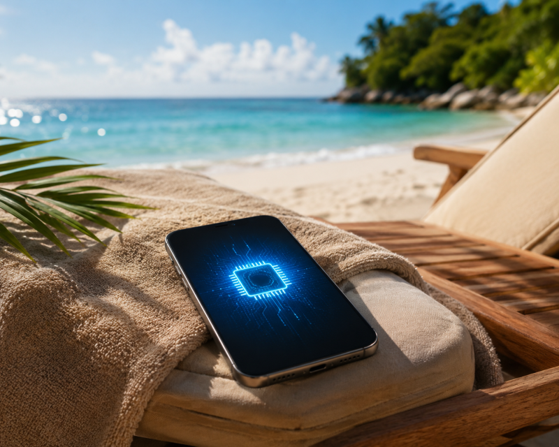 An image representing a mobile phone in a holiday destination using a Travel eSIM