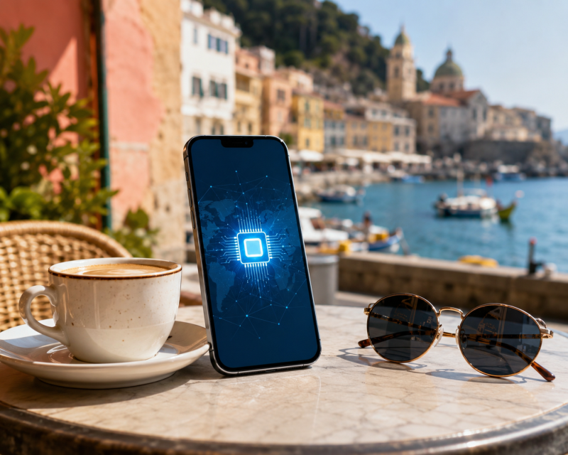 An image representing a mobile phone in a holiday destination using a Travel eSIM