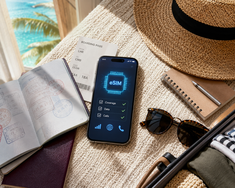 An image representing a mobile phone in a holiday destination using a Travel eSIM